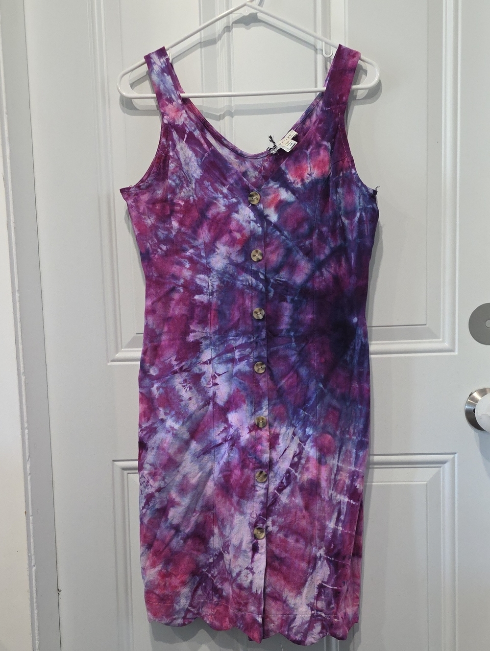 Custom Tie-Dye Purple Button-Front Sleeveless Dress -M